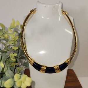 #2480, MONET 1980's  ART DECO, OMEGA CHOKER NECKLACE  GOLD PLATED, BLUE ENAMEL.